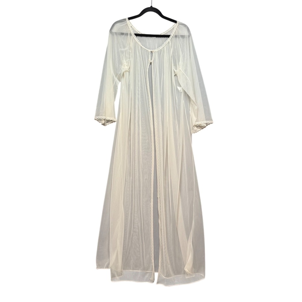 Vintage Sheer Mesh Long Robe Peignoir Lace Trim OS Nightgown Old Hollywood Glam